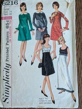 Simplicity 6216 1960's Women's Empire Waist DRESS  size 14 Bust 14